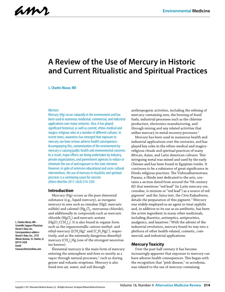 A Review of the Use of Mercury in Historic and Current Ritualistic and Spiritual Practices