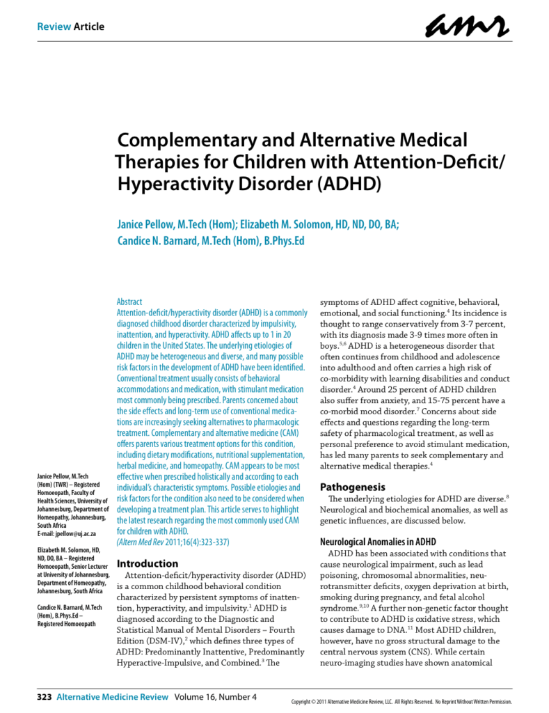 Complementary and Alternative Medical Therapies for Children with Attention-Deficit/ Hyperactivity Disorder (ADHD)