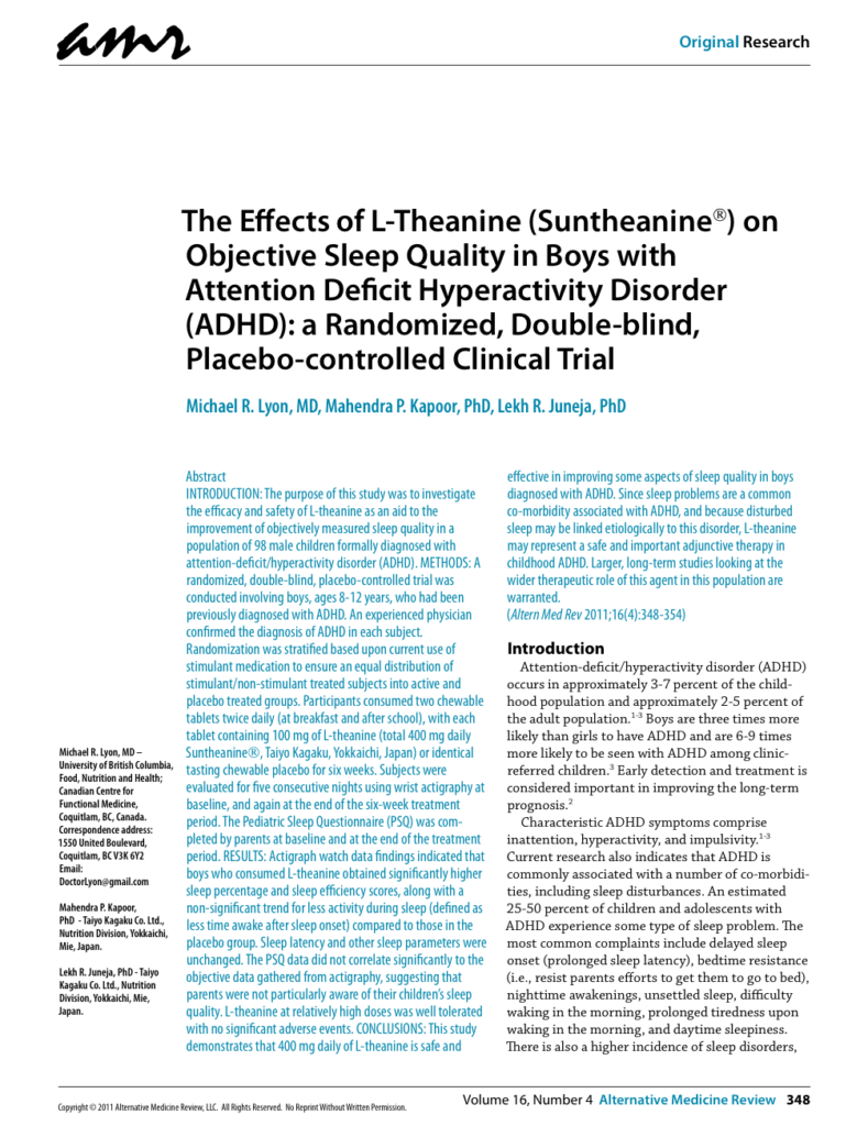The Effects of L-Theanine (Suntheanine) on Objective Sleep Quality in Boys with Attention Deficit Hyperactivity Disorder (ADHD): a Randomized, Double-blind, Placebo-controlled Clinical Trial