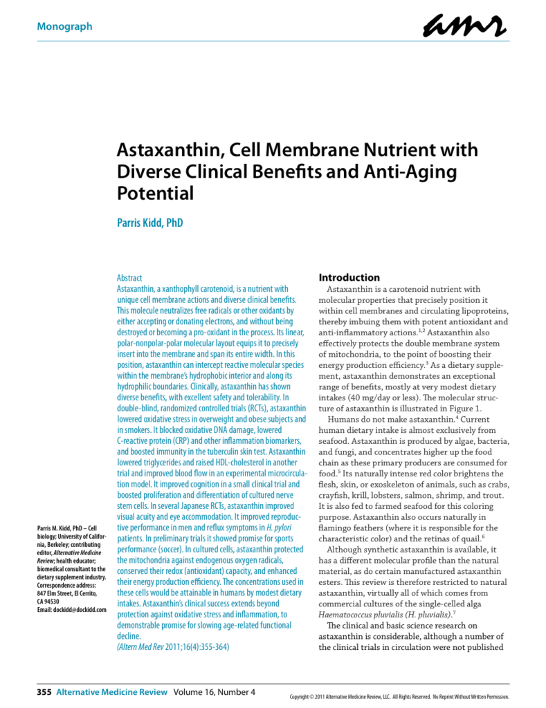 Astaxanthin, Cell Membrane Nutrient with Diverse Clinical Benefits and Anti-Aging Potential