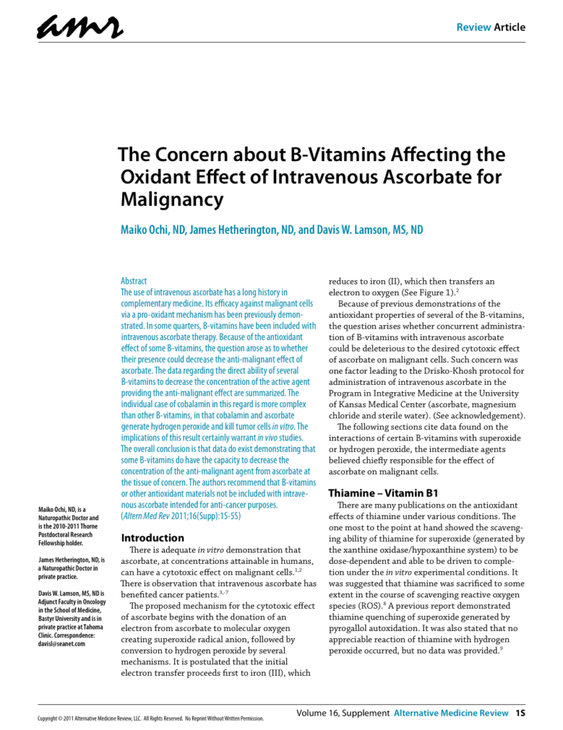 The Concern about B-Vitamins Affecting the Oxidant Effect of Intravenous Ascorbate for Malignancy