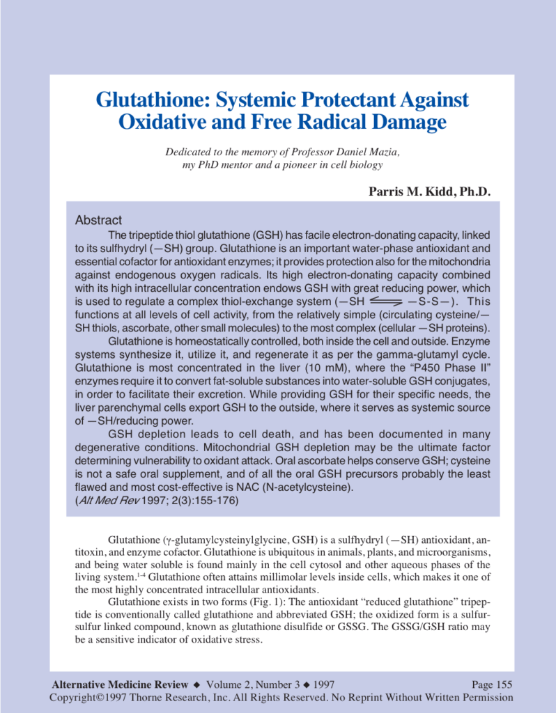 Glutathione: Systemic Protectant Against Oxidative and Free Radical Damage