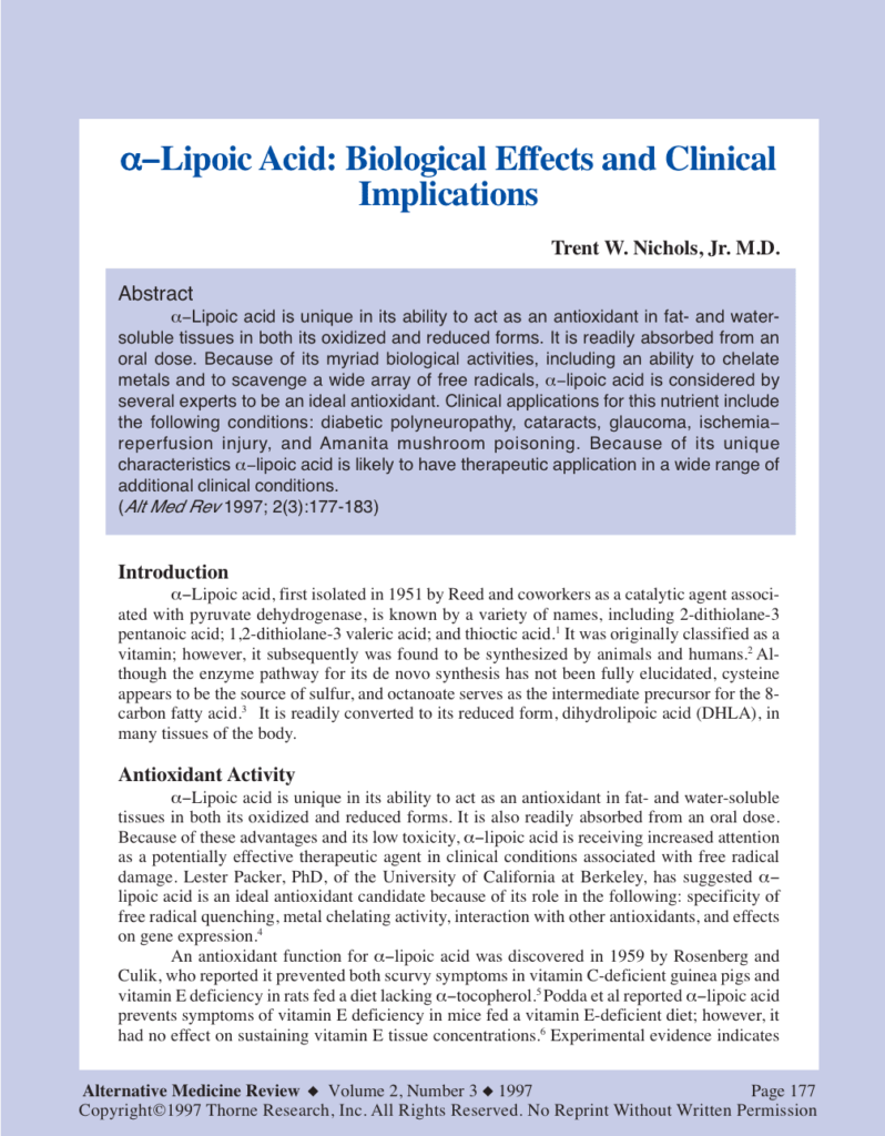 α−Lipoic Acid: Biological Effects and Clinical Implications