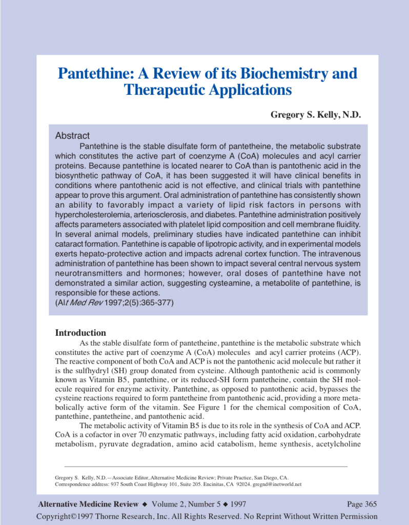 Pantethine: A Review of its Biochemistry and Therapeutic Applications