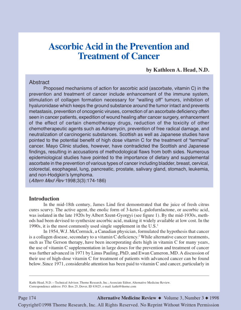 Ascorbic Acid in the Prevention and Treatment of Cancer