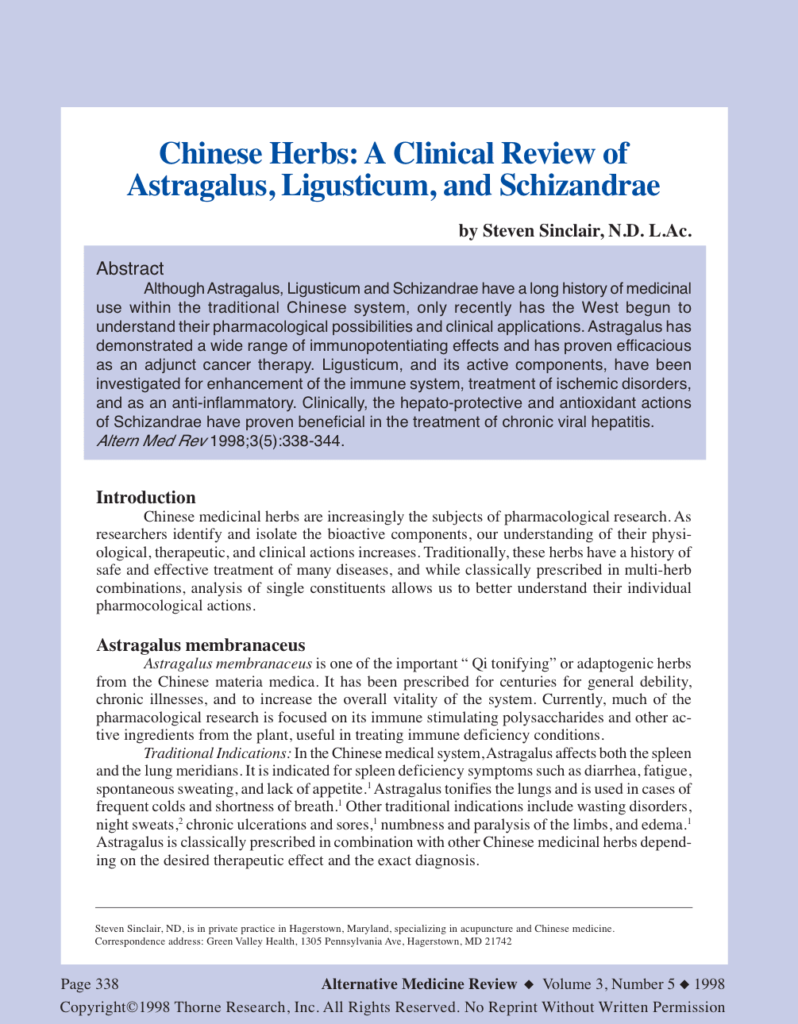 Chinese Herbs: A Clinical Review of Astragalus, Ligusticum, and Schizandrae