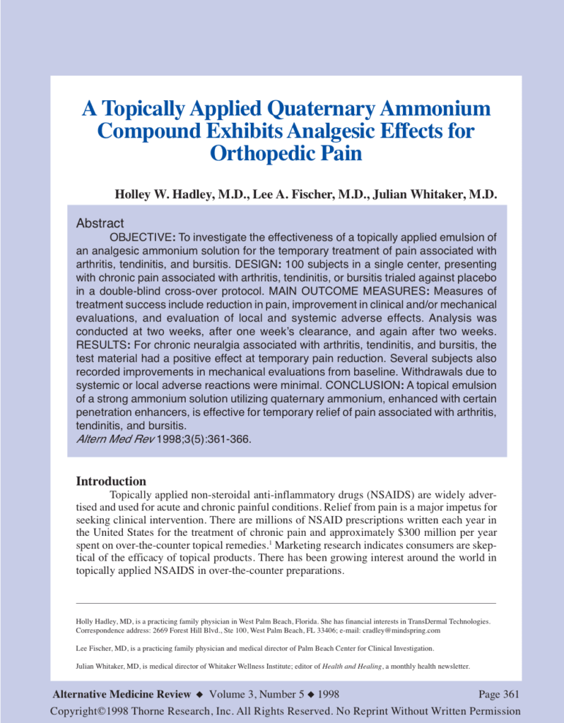 A Topically Applied Quaternary Ammonium Compound Exhibits Analgesic Effects for Orthopedic Pain
