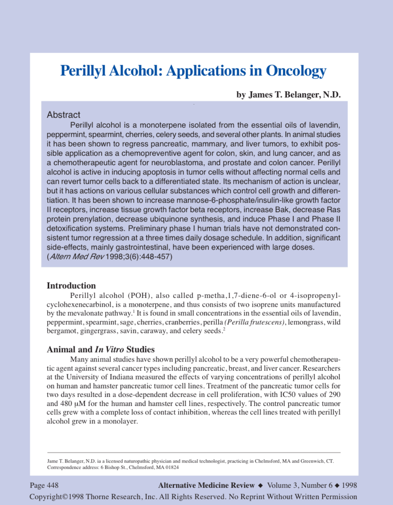 Perillyl Alcohol: Applications in Oncology