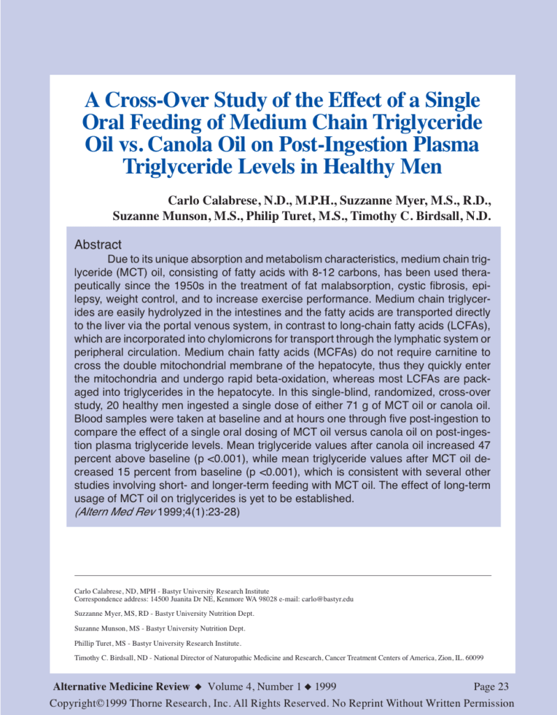 A Cross-Over Study of the Effect of a Single Oral Feeding of Medium Chain Triglyceride Oil vs. Canola Oil on Post-Ingestion Plasma Triglyceride Levels in Healthy Men
