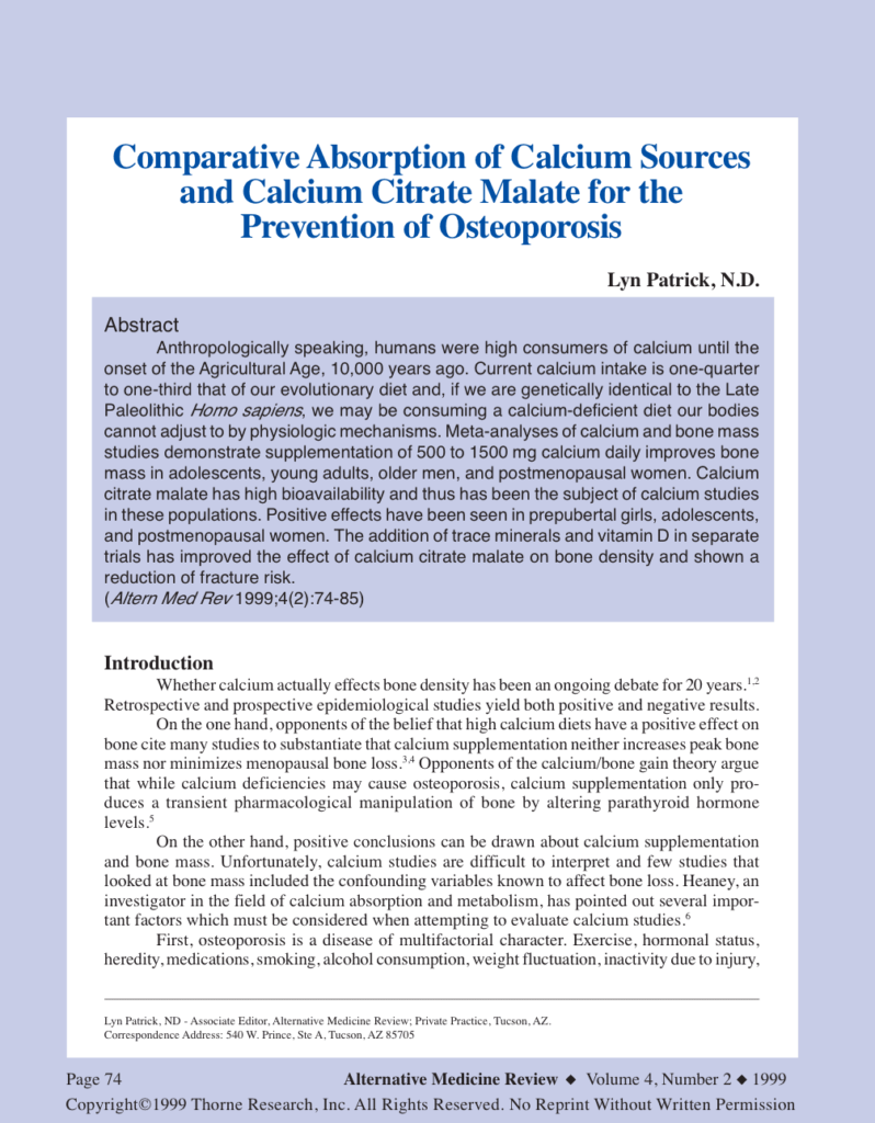 Comparative Absorption of Calcium Sources and Calcium Citrate Malate for the Prevention of Osteoporosis