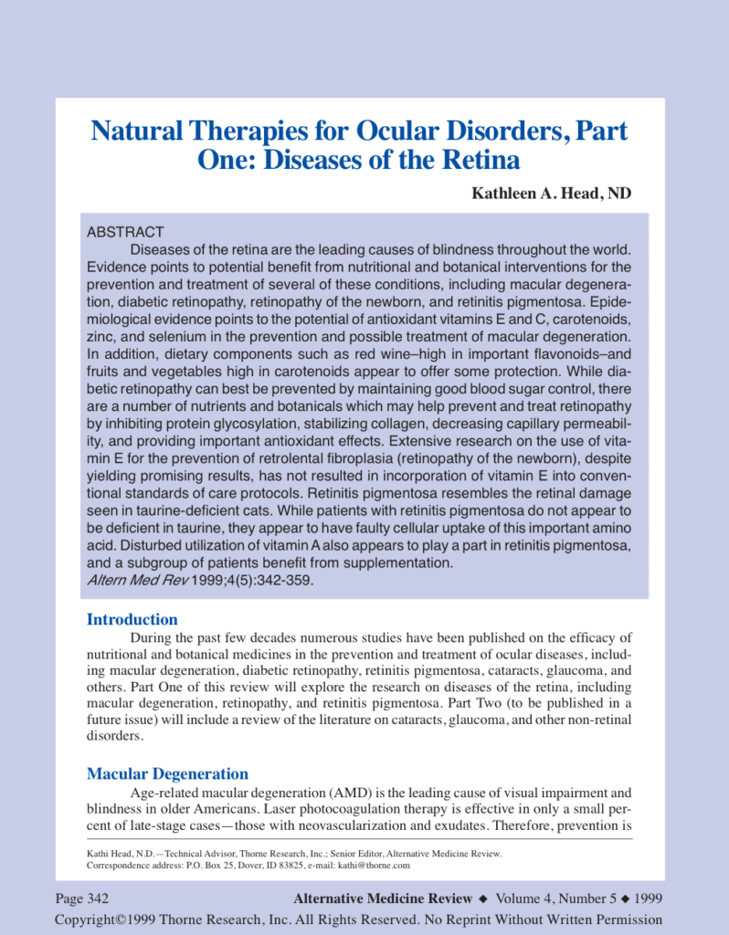 Natural Therapies for Ocular Disorders, Part One: Diseases of the Retina