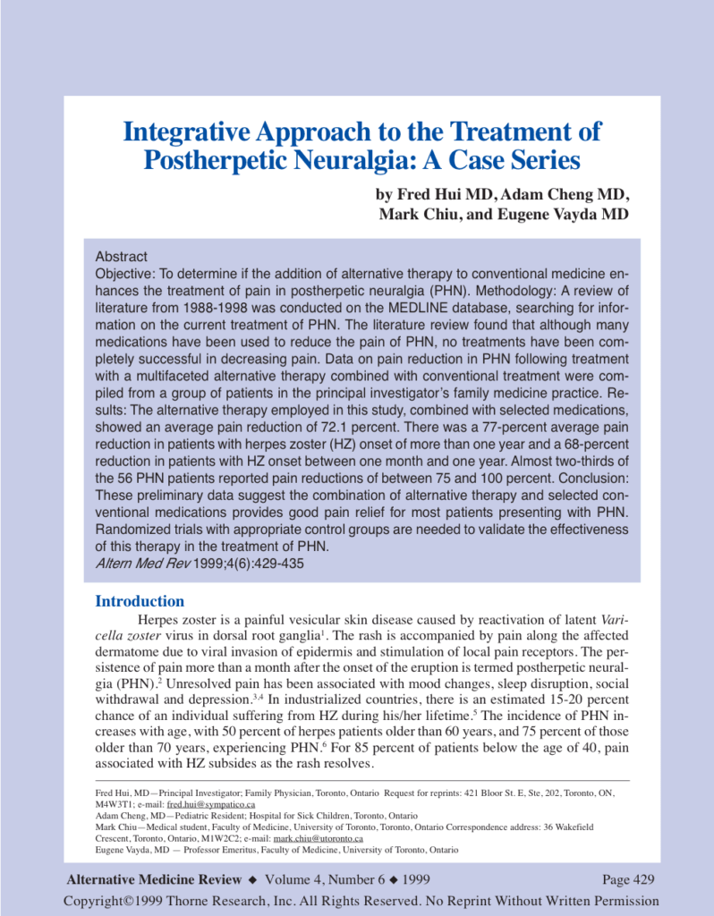 Integrative Approach to the Treatment of Postherpetic Neuralgia: A Case Series