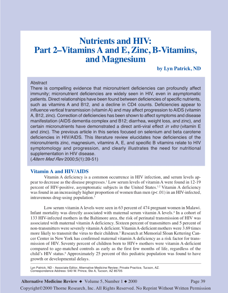 Nutrients and HIV: Part 2–Vitamins A and E, Zinc, B-Vitamins, and Magnesium