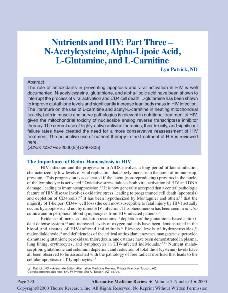 Nutrients and HIV: Part Three – N-Acetylcysteine, Alpha-Lipoic Acid, L-Glutamine, and L-Carnitine