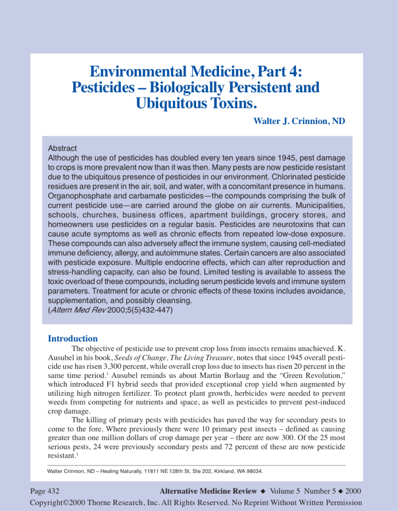 Environmental Medicine, Part 4: Pesticides – Biologically Persistent and Ubiquitous Toxins.