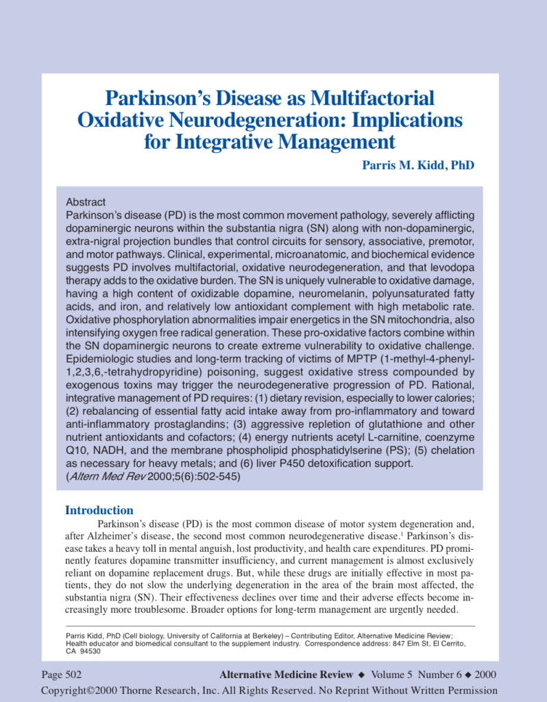 Parkinson’s Disease as Multifactorial Oxidative Neurodegeneration: Implications for Integrative Management