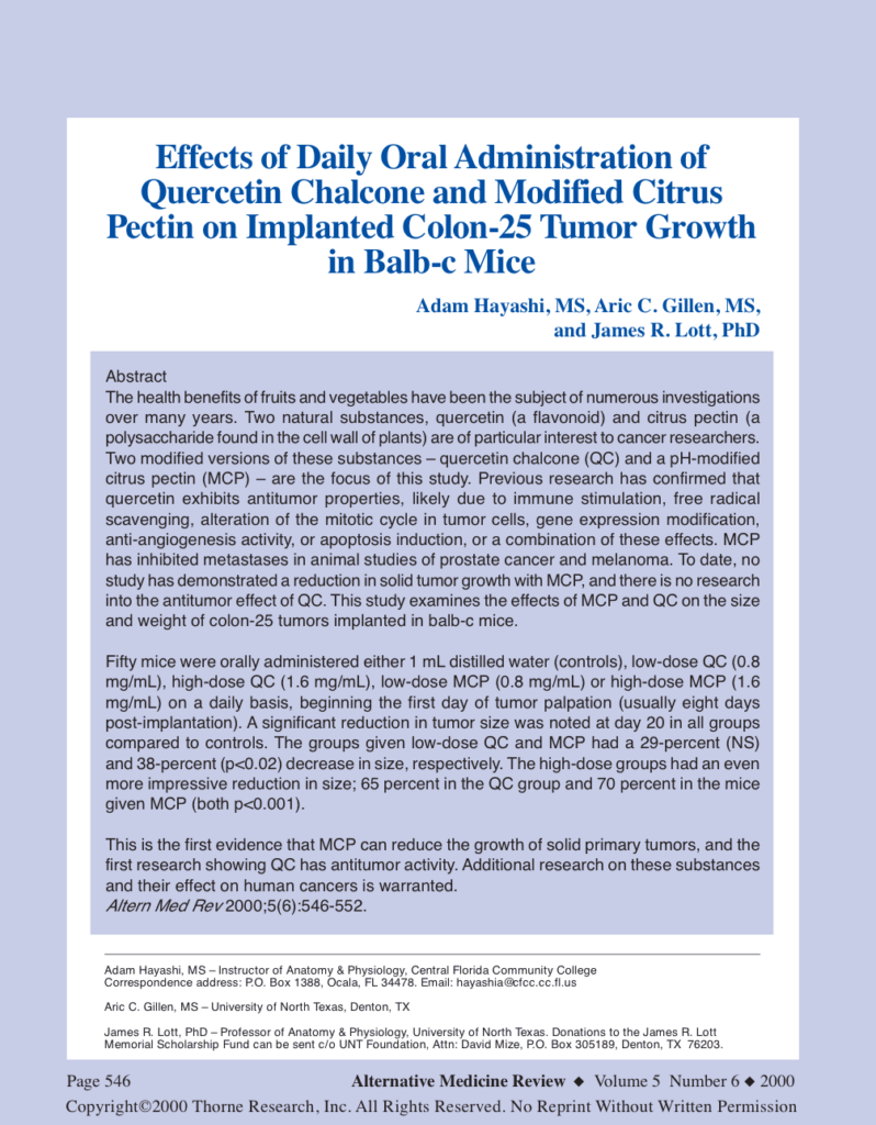 Effects of Daily Oral Administration of Quercetin Chalcone and Modified Citrus Pectin on Implanted Colon-25 Tumor Growth in Balb-c Mice