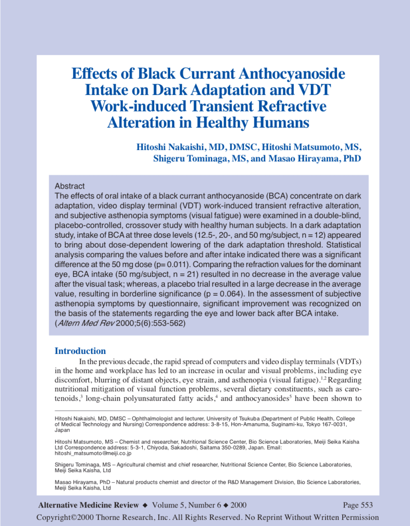 Effects of Black Currant Anthocyanoside Intake on Dark Adaptation and VDT Work-induced Transient Refractive Alteration in Healthy Humans