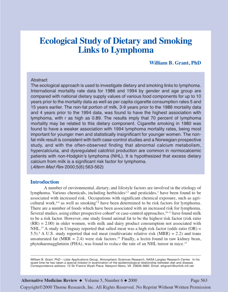 Ecological Study of Dietary and Smoking Links to Lymphoma
