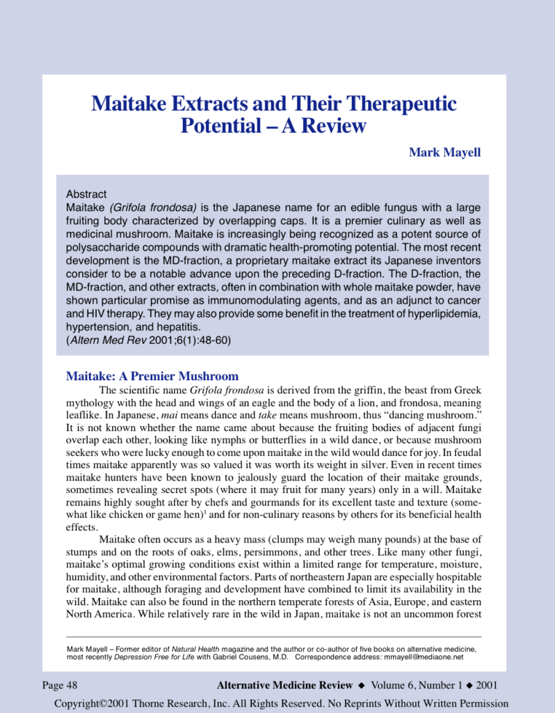 Maitake Extracts and Their Therapeutic Potential – A Review