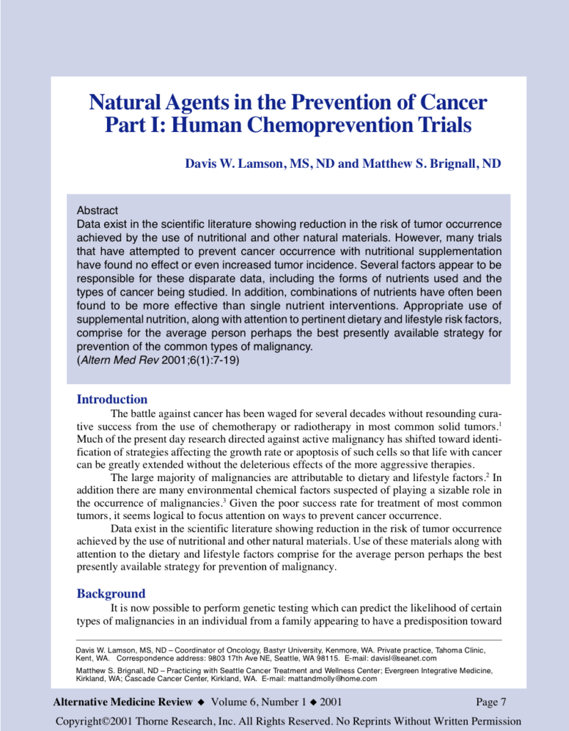 Natural Agents in the Prevention of Cancer Part I: Human Chemoprevention Trials