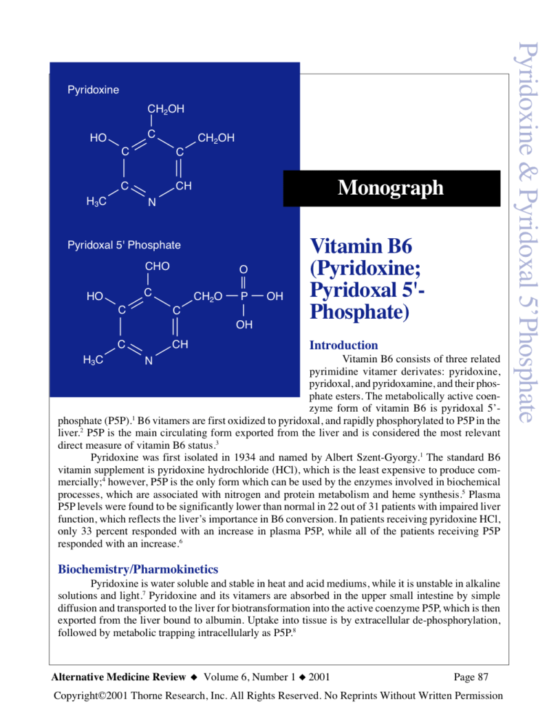 Vitamin B6 (Pyridoxine; Pyridoxal 5'-Phosphate)