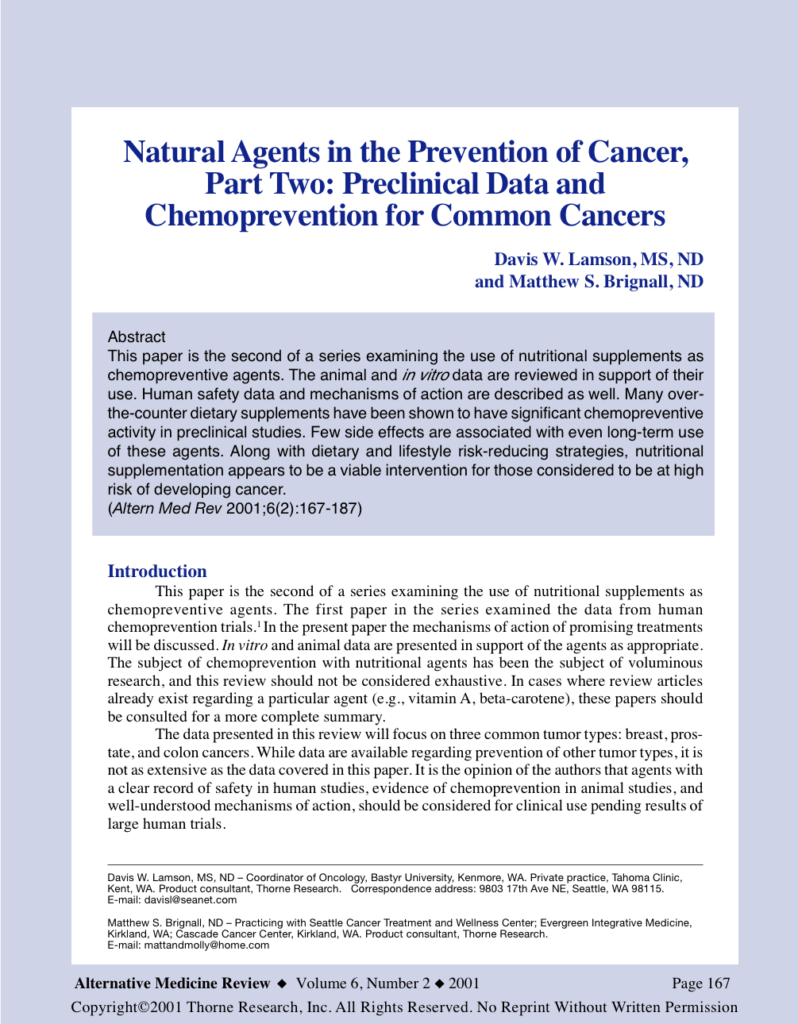 Natural Agents in the Prevention of Cancer, Part Two: Preclinical Data and Chemoprevention for Common Cancers