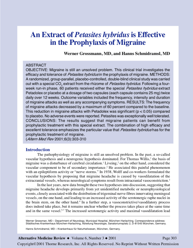 An Extract of Petasites hybridus is Effective in the Prophylaxis of Migraine