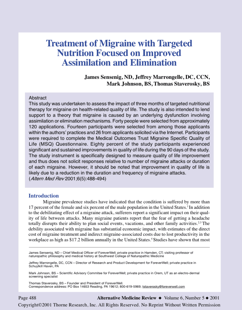 Treatment of Migraine with Targeted Nutrition Focused on Improved Assimilation and Elimination