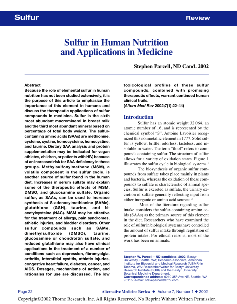 Sulfur in Human Nutrition and Applications in Medicine