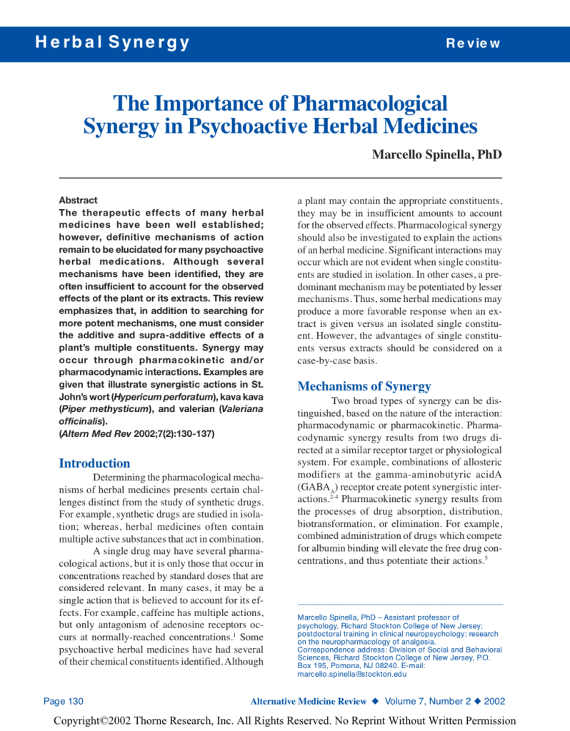 The Importance of Pharmacological Synergy in Psychoactive Herbal Medicines