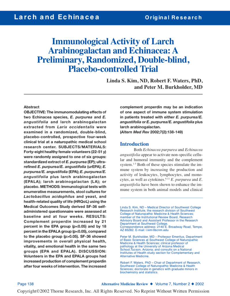 Immunological Activity of Larch Arabinogalactan and Echinacea: A Preliminary, Randomized, Double-blind, Placebo-controlled Trial