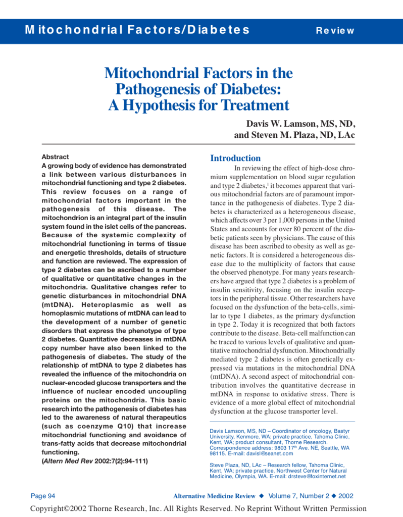 Mitochondrial Factors in the Pathogenesis of Diabetes: A Hypothesis for Treatment