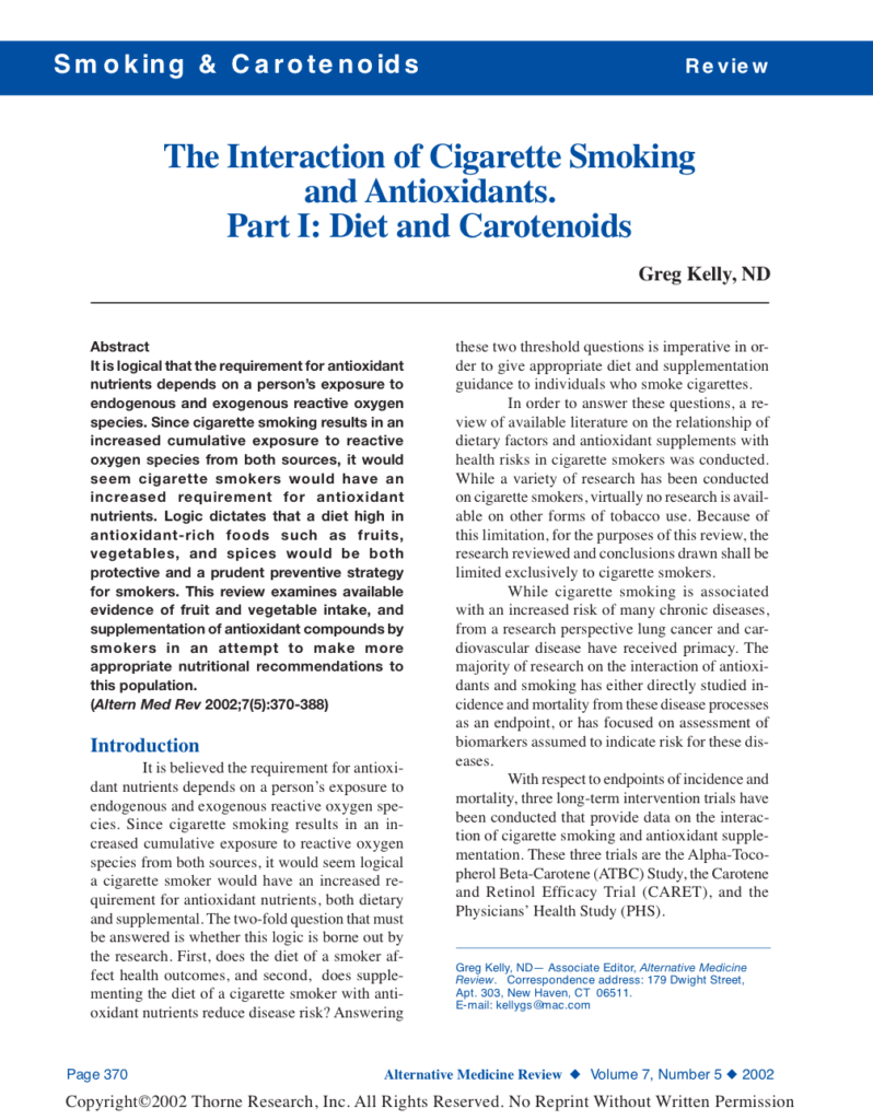The Interaction of Cigarette Smoking and Antioxidants. Part I: Diet and Carotenoids