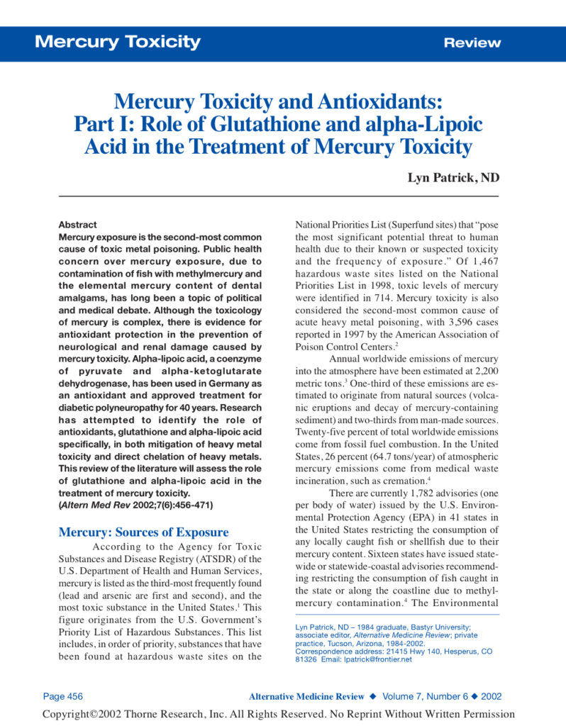Mercury Toxicity and Antioxidants: Part I: Role of Glutathione and alpha-Lipoic Acid in the Treatment of Mercury Toxicity