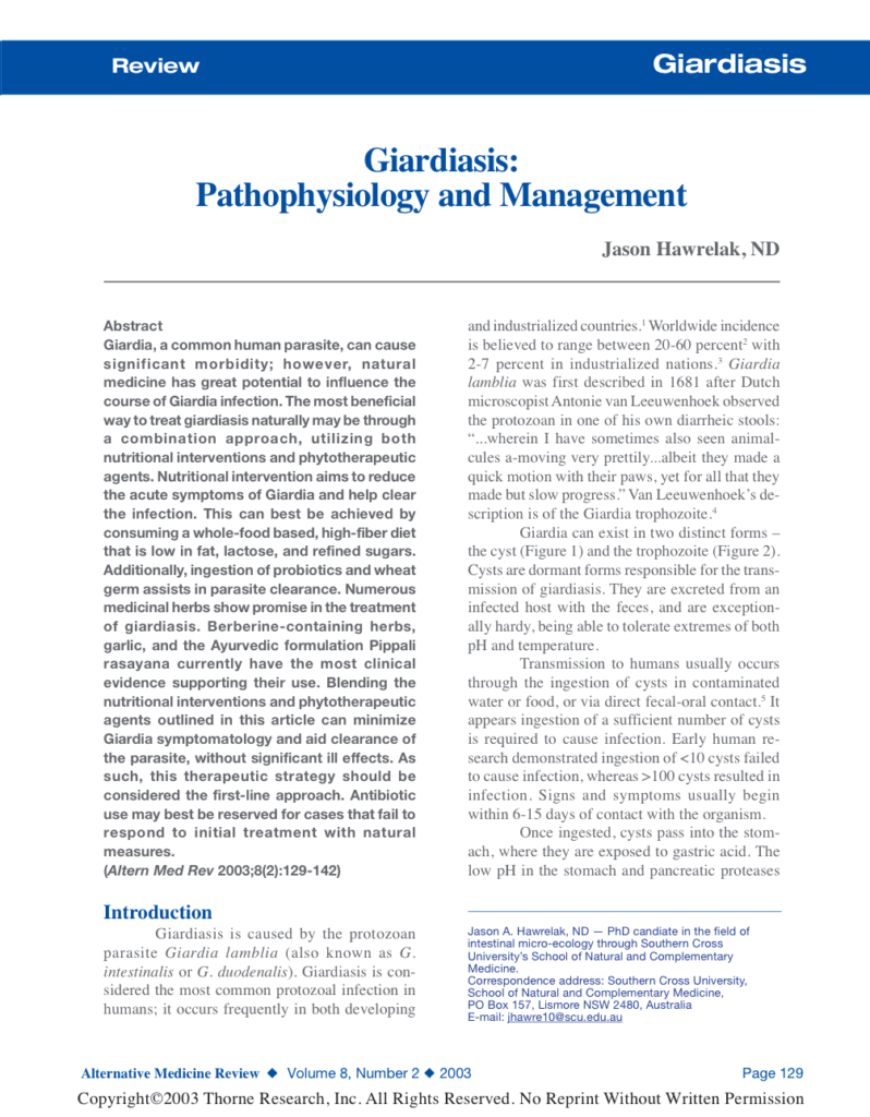 Giardiasis: Pathophysiology and Management