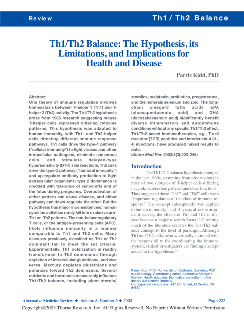 Th1/Th2 Balance: The Hypothesis, its Limitations, and Implications for Health and Disease
