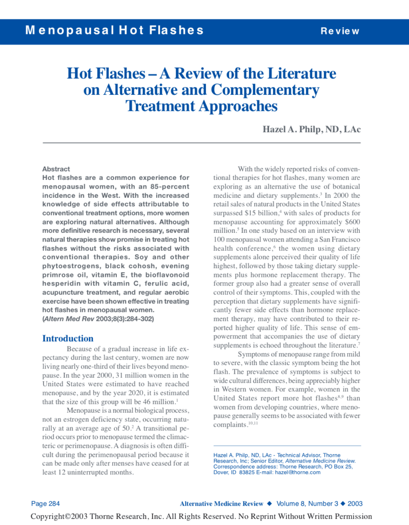 Hot Flashes – A Review of the Literature on Alternative and Complementary Treatment Approaches
