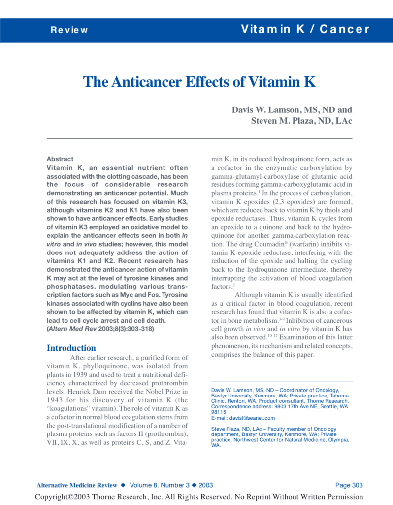 The Anticancer Effects of Vitamin K