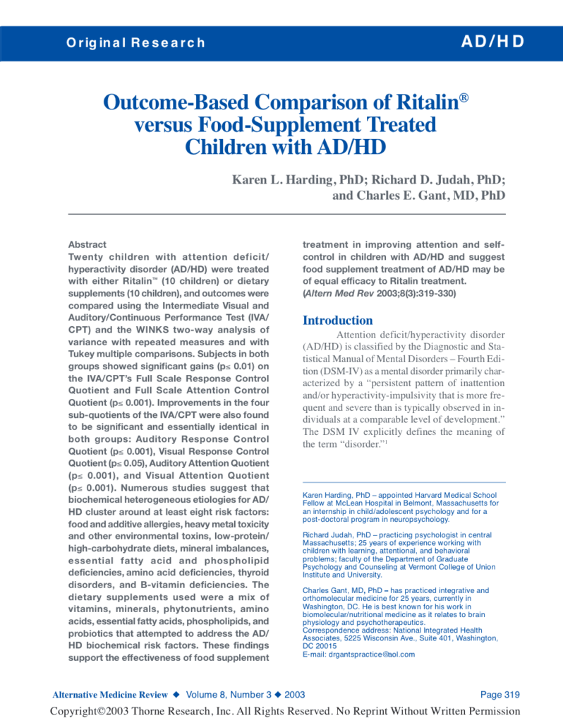 Outcome-Based Comparison of Ritalin® versus Food-Supplement Treated Children with AD/HD