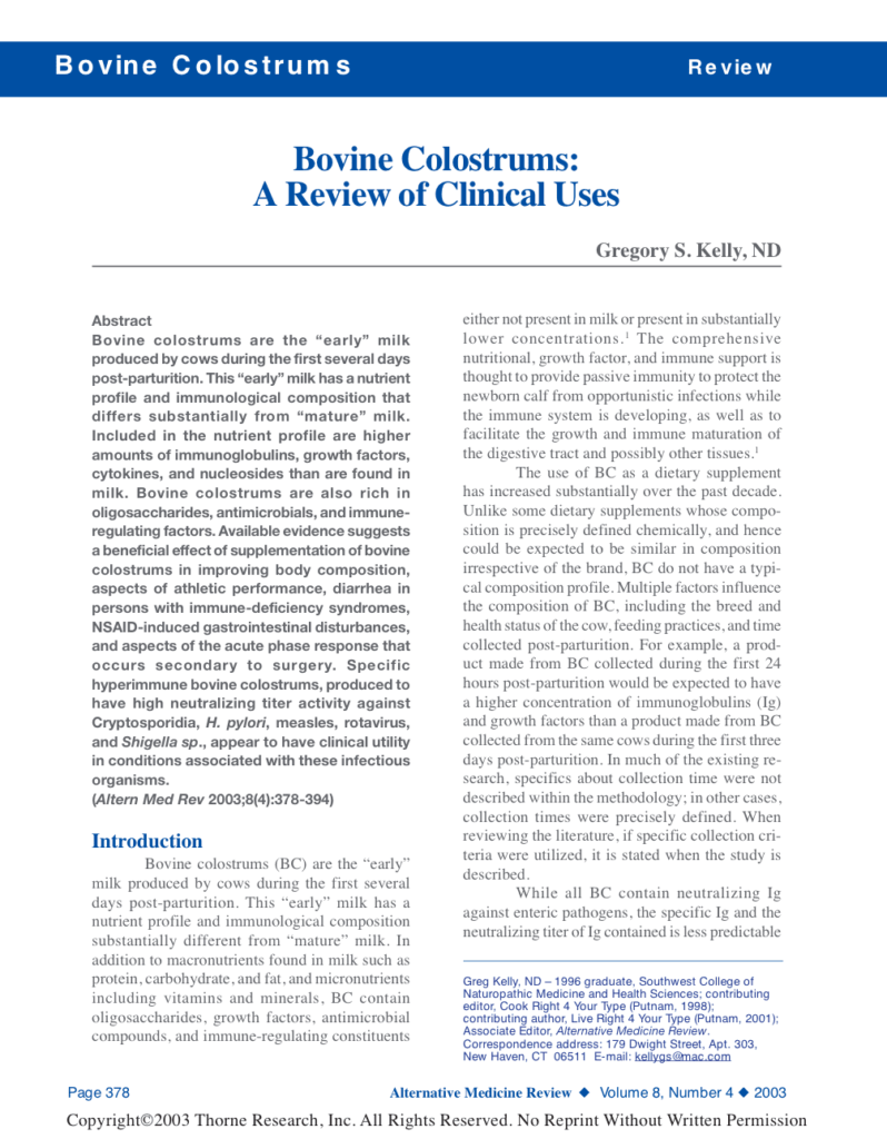 Bovine Colostrums: A Review of Clinical Uses