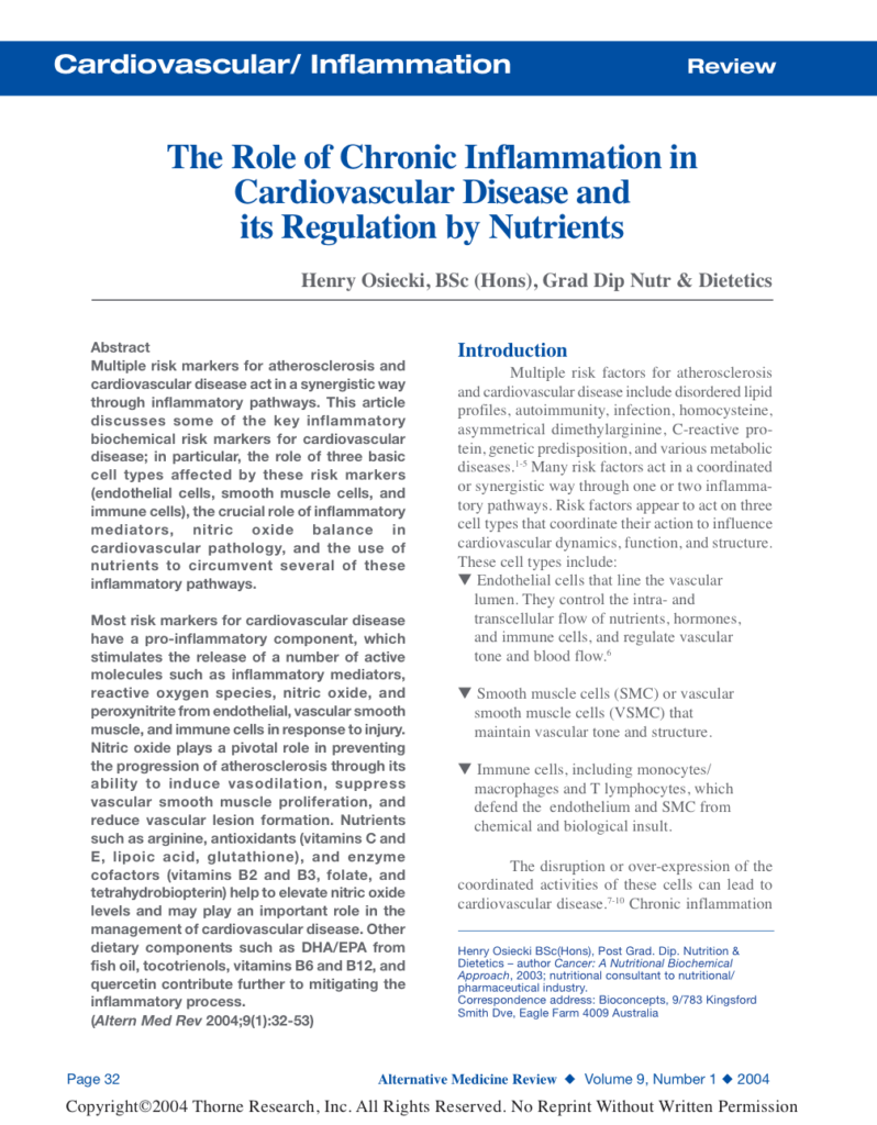 The Role of Chronic Inflammation in Cardiovascular Disease and its Regulation by Nutrients