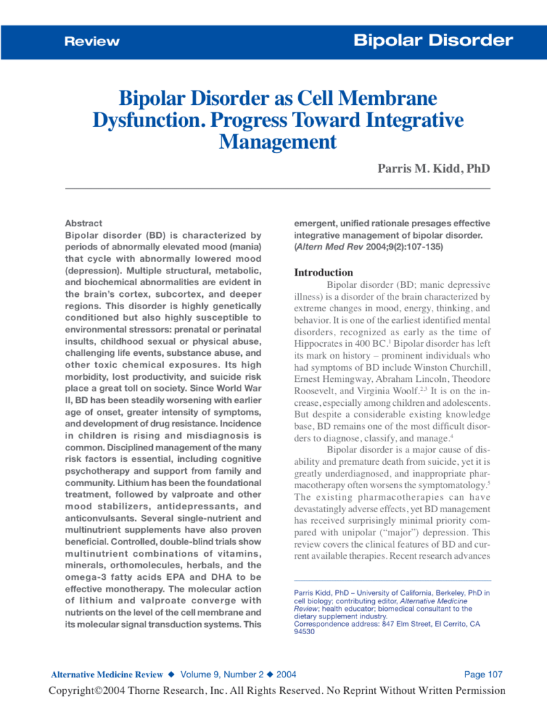 Bipolar Disorder as Cell Membrane Dysfunction. Progress Toward Integrative Management