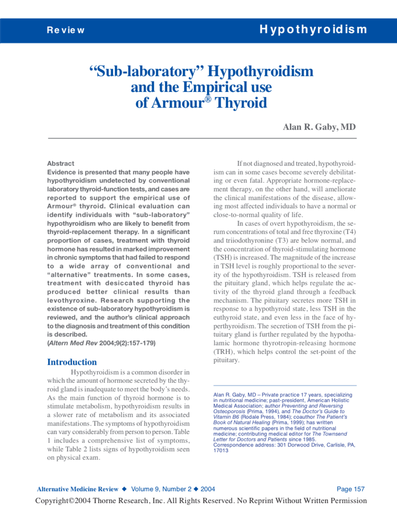 “Sub-laboratory” Hypothyroidism and the Empirical use of Armour® Thyroid