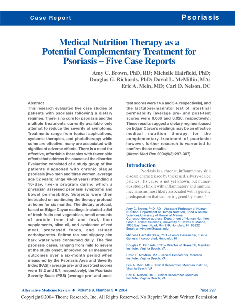 Medical Nutrition Therapy as a Potential Complementary Treatment for Psoriasis – Five Case Reports