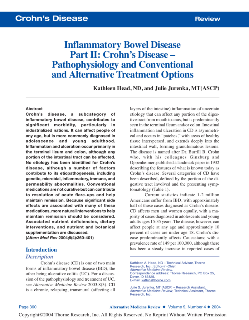 Inflammatory Bowel Disease Part II: Crohn’s Disease – Pathophysiology and Conventional and Alternative Treatment Options